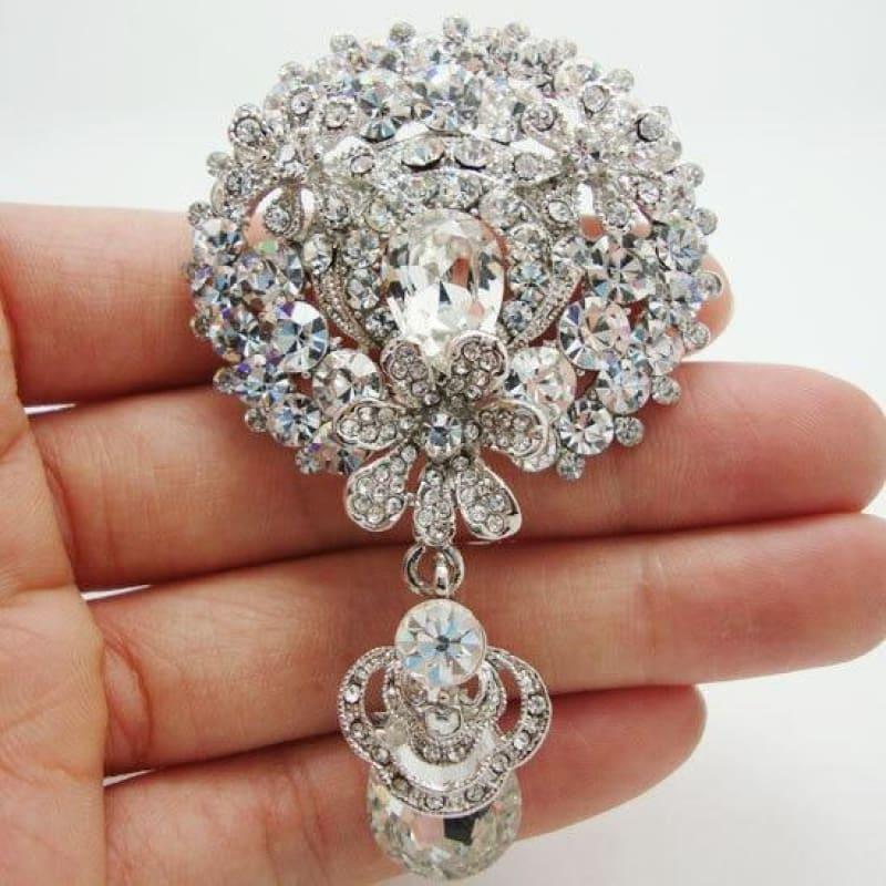 Bride 3 Flower Cluster Drop Bridesmaid Wedding Pendant Brooch Pin Clear Rhinestone Crystal - Default title - brooch