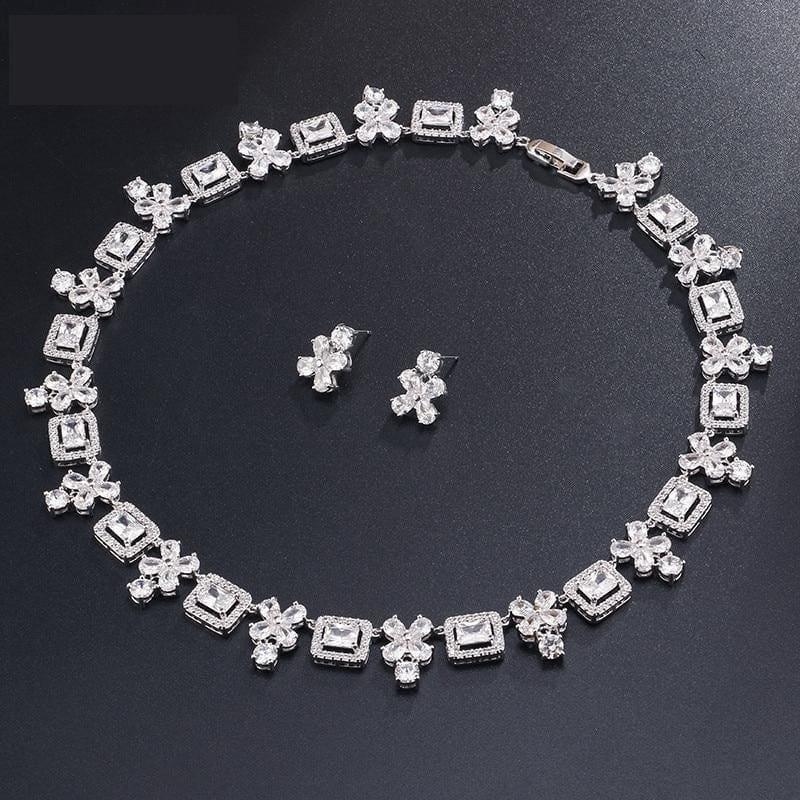 Brilliant Square & Flower Zirconia Earring Necklace Bridal Jewelry Sets - jewlery set