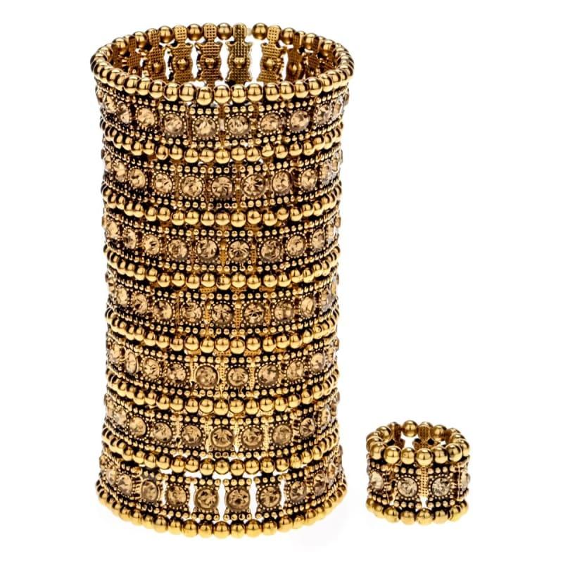 Bronze Crystal Multilayer Stretch Cuff Bracelet Ring Sets - bracelets