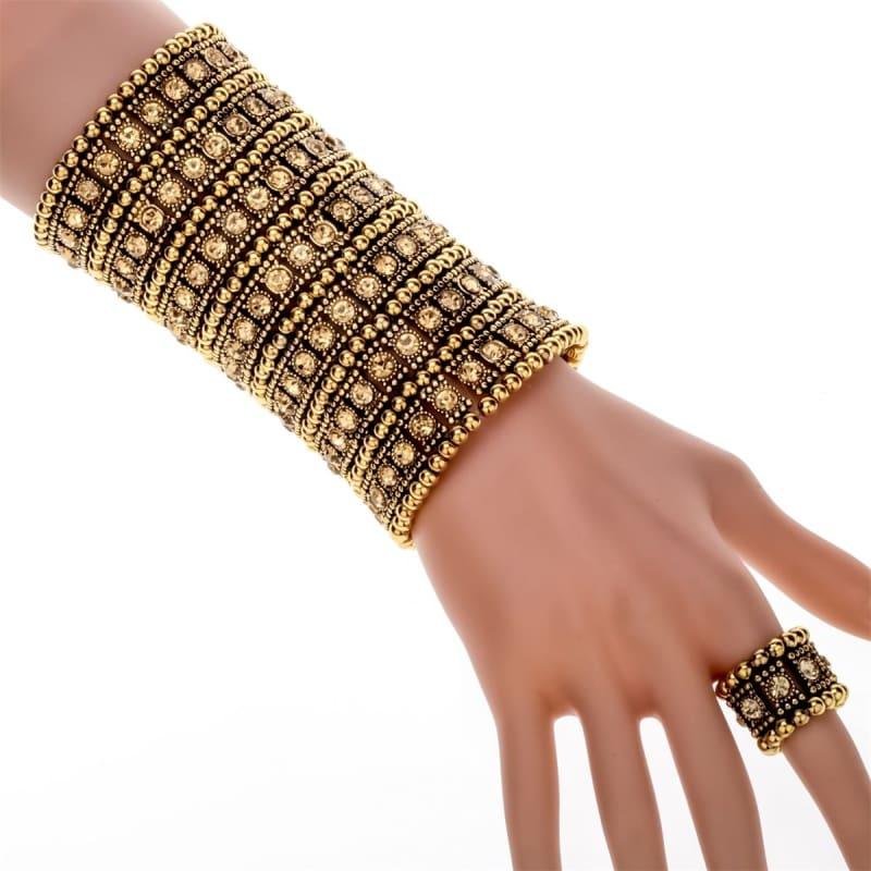 Bronze Crystal Multilayer Stretch Cuff Bracelet Ring Sets - TeresaCollections