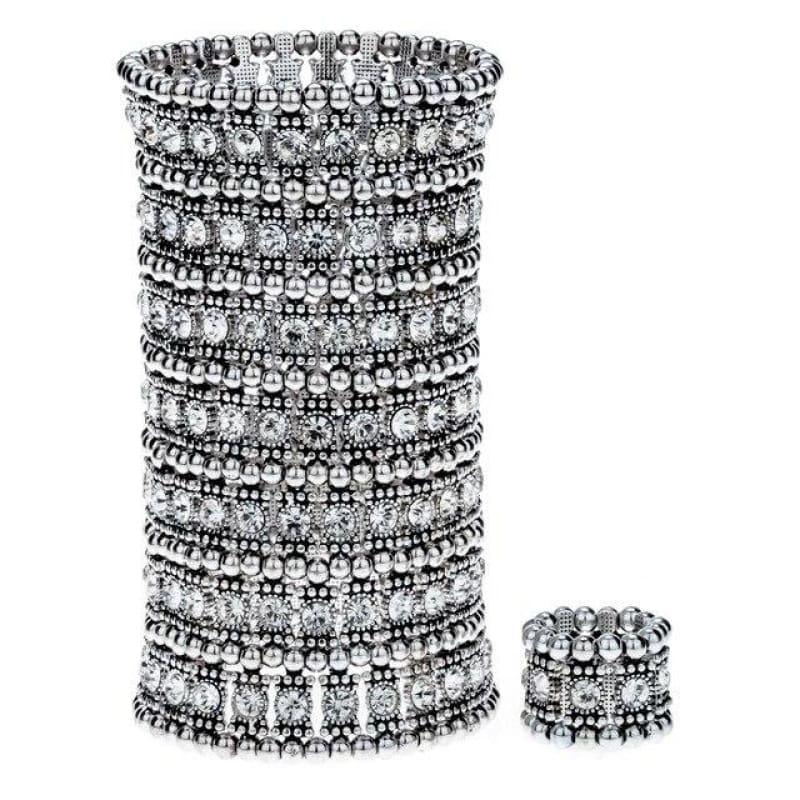 Bronze Crystal Multilayer Stretch Cuff Bracelet Ring Sets - silver / China - bracelets