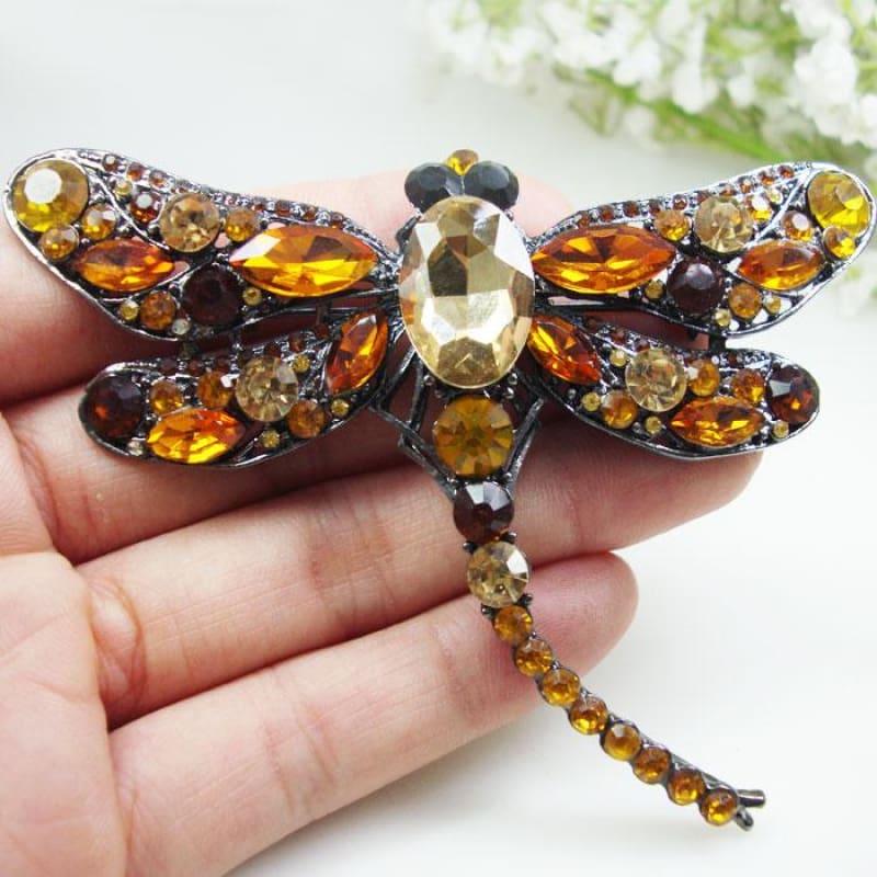 Brown Crystal Dragonfly Bird Woman Brooch Pin Rhinestone Animal Jewelry - brooch