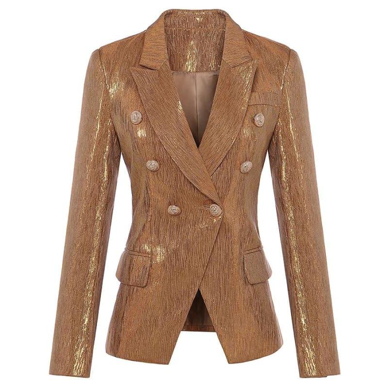 Brown Designer Blazer Women's Lion Metal Buttons Double Breasted Blazer Jacket - TeresaCollections