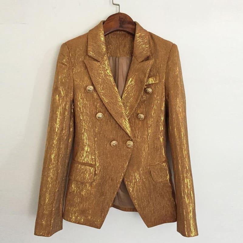 Brown Designer Blazer Women's Lion Metal Buttons Double Breasted Blazer Jacket - TeresaCollections