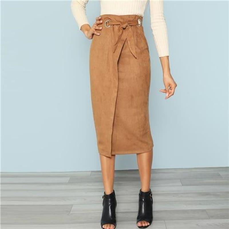 Brown Tie Waist Bodycon Zip Back Mid-Calf Wrap Knot Back Split Pencil Midi Skirt - Brown / L - Skirt