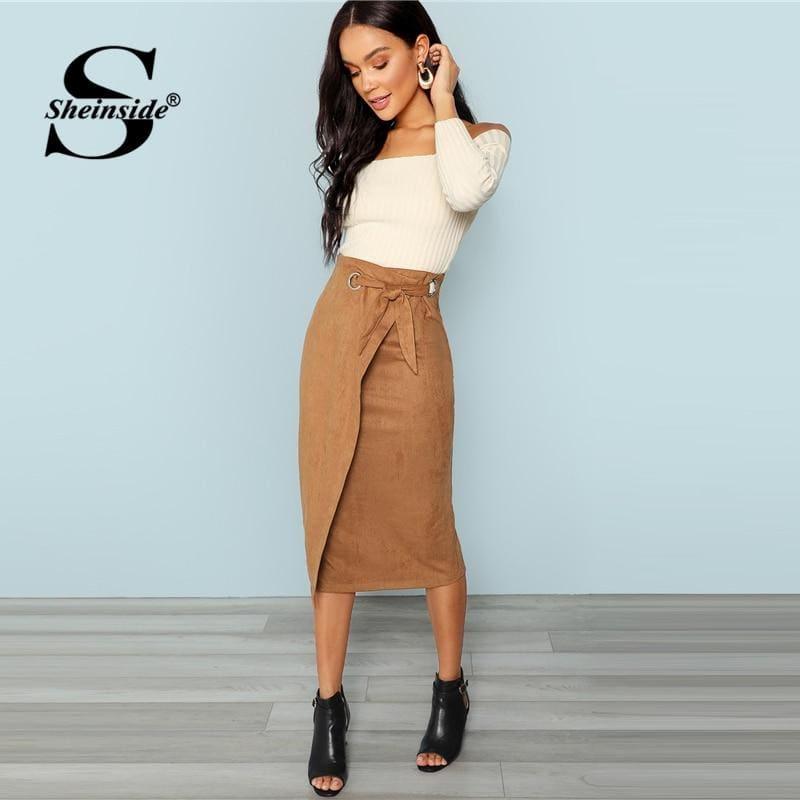 Brown Tie Waist Bodycon Zip Back Mid-Calf Wrap Knot Back Split Pencil Midi Skirt - TeresaCollections