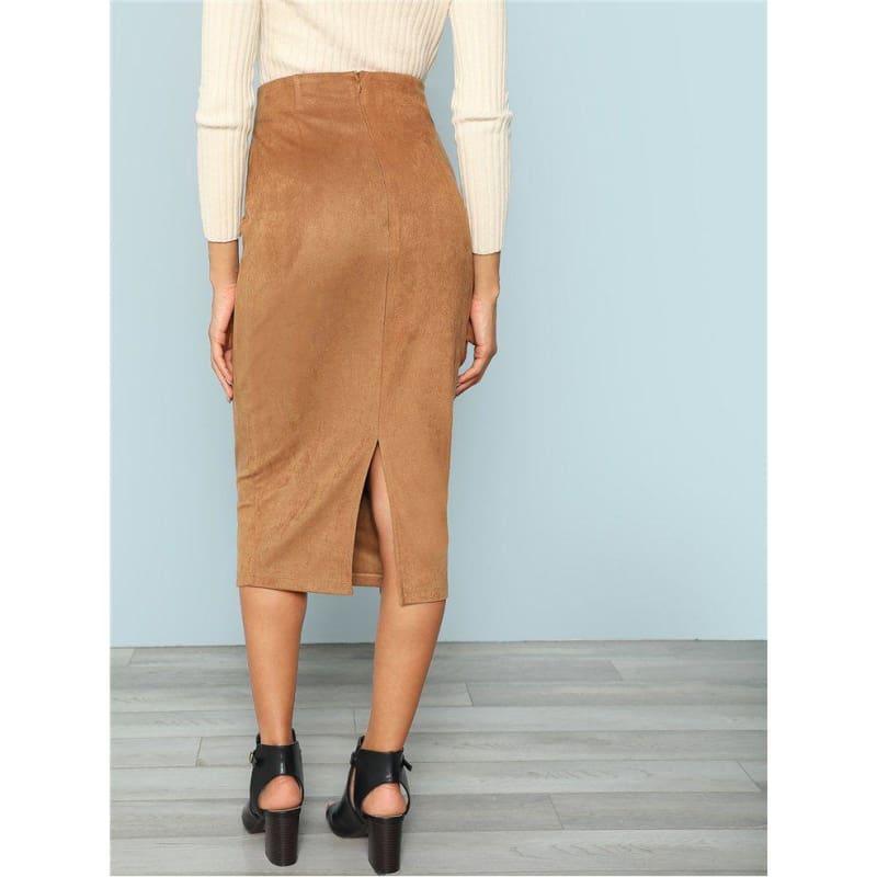 Brown Tie Waist Bodycon Zip Back Mid-Calf Wrap Knot Back Split Pencil Midi Skirt - Skirt