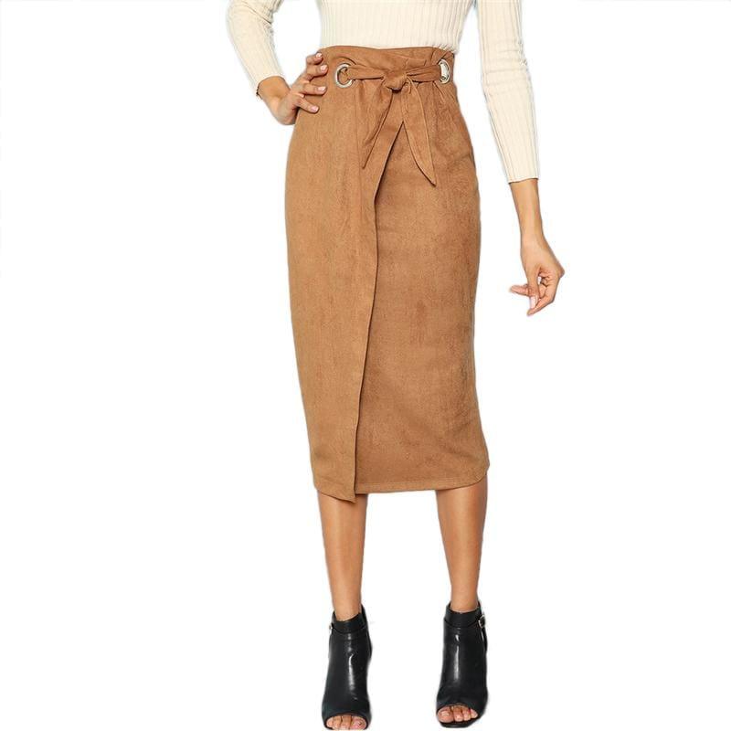 Brown Tie Waist Bodycon Zip Back Mid-Calf Wrap Knot Back Split Pencil Midi Skirt - Skirt
