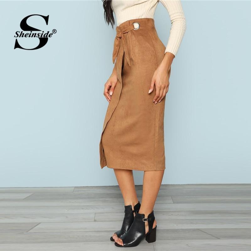 Brown Tie Waist Bodycon Zip Back Mid-Calf Wrap Knot Back Split Pencil Midi Skirt - Skirt