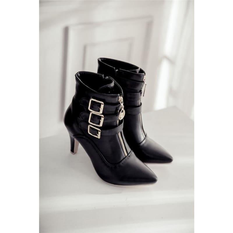 Buckle Pointed Toe High Heels Ankle Boots - TeresaCollections