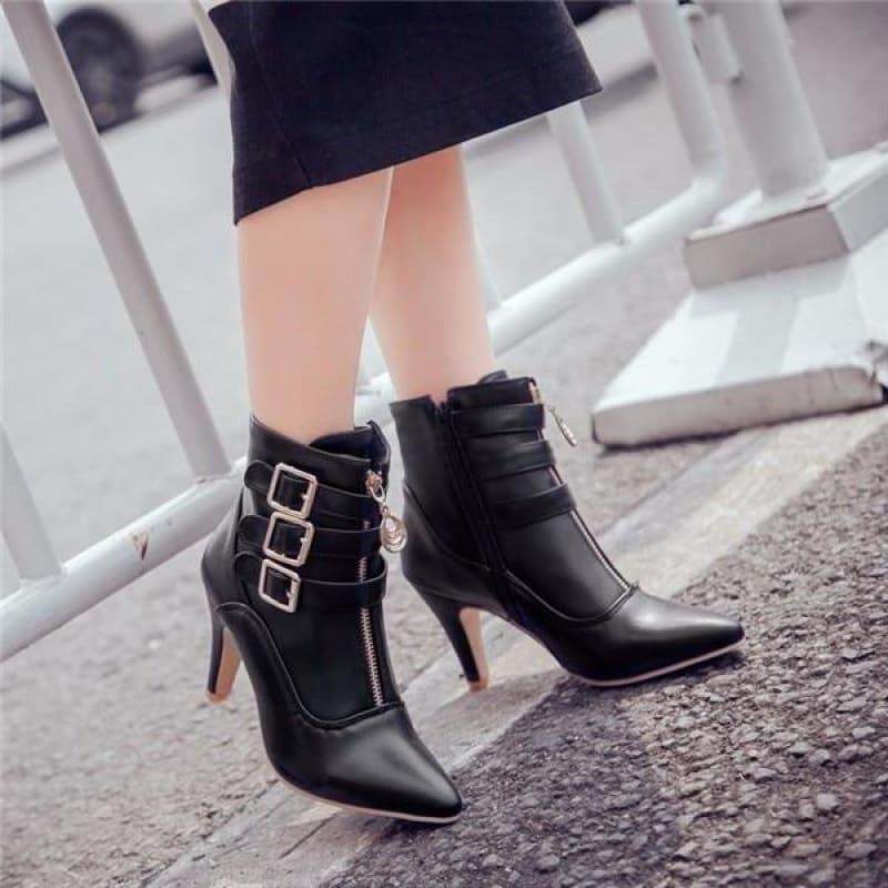 Buckle Pointed Toe High Heels Ankle Boots - TeresaCollections