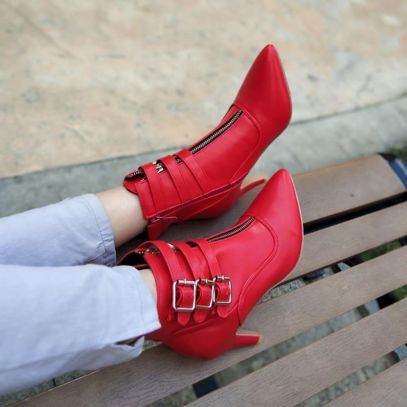 Buckle Pointed Toe High Heels Ankle Boots - TeresaCollections