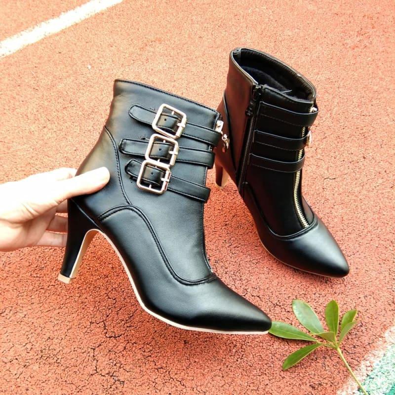 Buckle Pointed Toe High Heels Ankle Boots - TeresaCollections