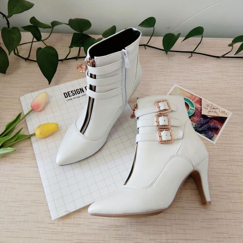 Buckle Pointed Toe High Heels Ankle Boots - TeresaCollections