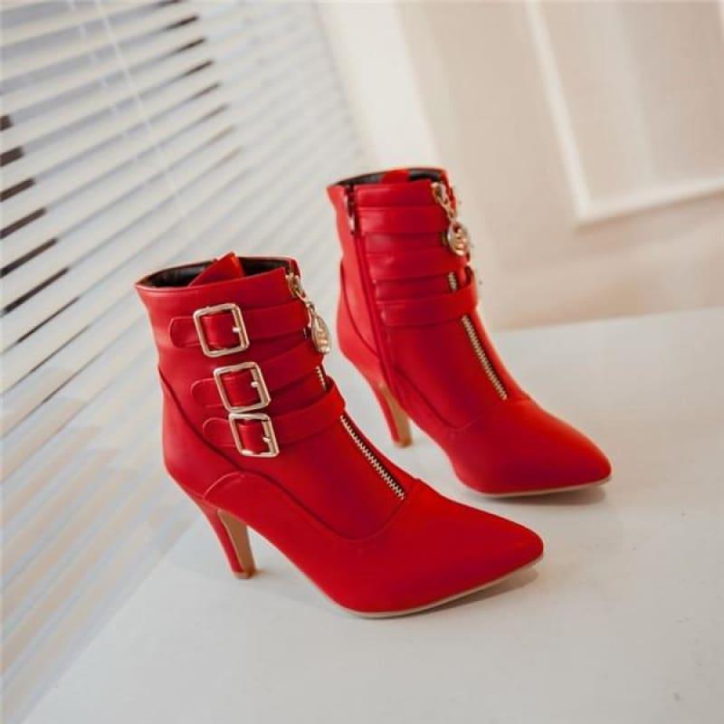 Buckle Pointed Toe High Heels Ankle Boots - TeresaCollections