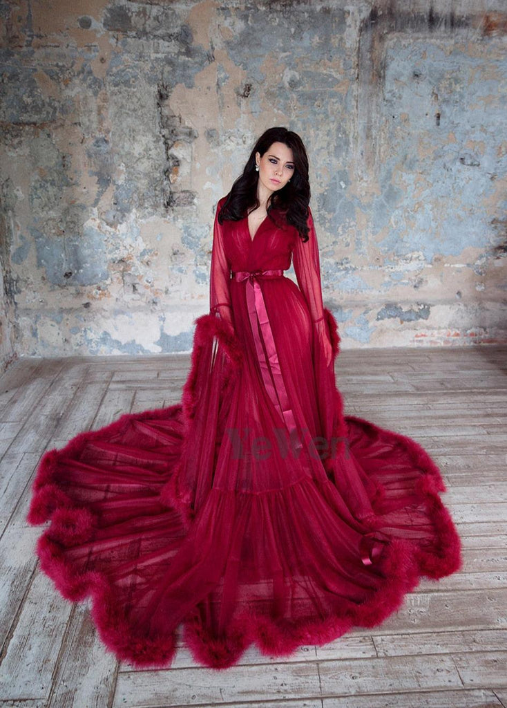 Burgundy Feather Long Sleeve Tulle Sexy Evening Dress - Gown
