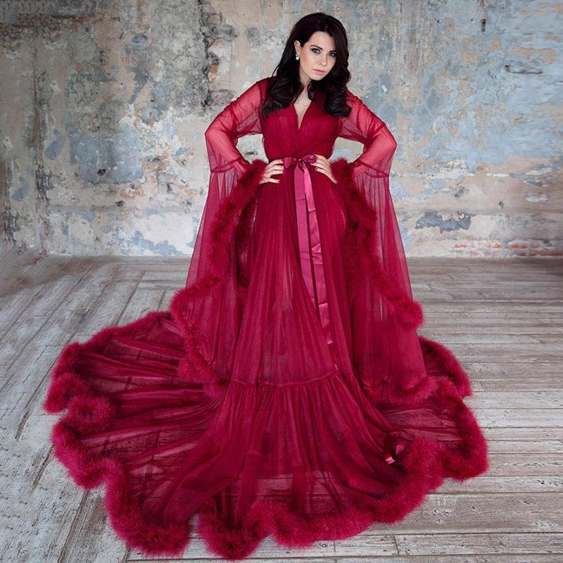Burgundy Feather Long Sleeve Tulle Sexy Evening Dress - Gown
