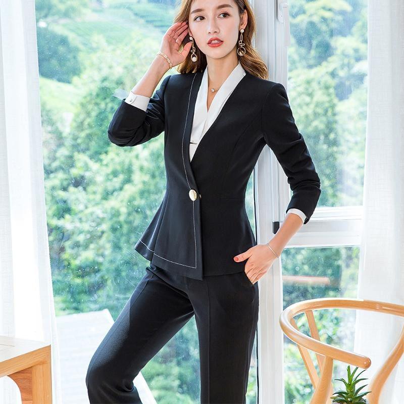 Business Formal Pant Suit V-Neck Jacket and Bell-bottom Trousers Suit - TeresaCollections