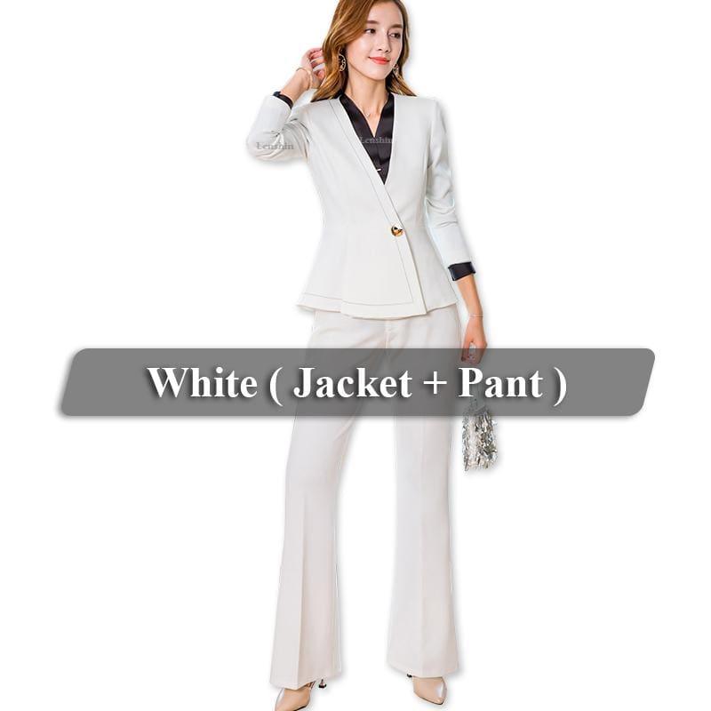 Business Formal Pant Suit V-Neck Jacket and Bell-bottom Trousers Suit - TeresaCollections