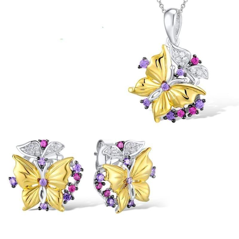 Butterfly Created Red Stones Earrings Pendant Necklace 925 Sterling Silver Fashion Jewelry Set - Default title - jewelry set