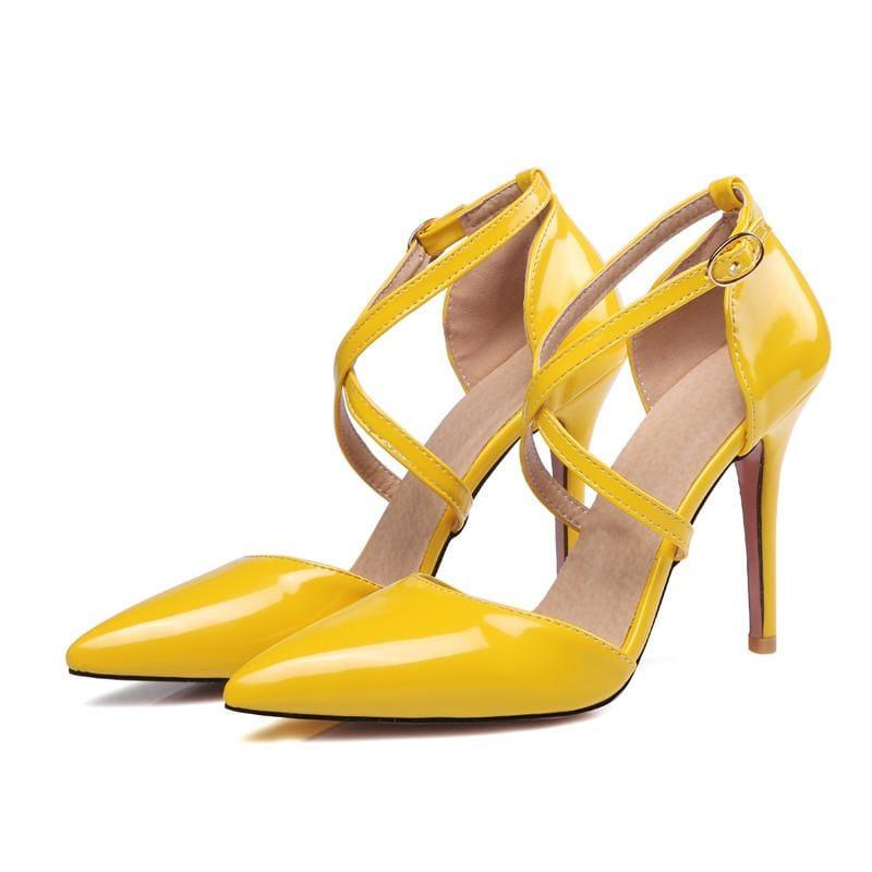 Candy Color Pointed Toe Cross Strap Pumps Ankle Strap Pumps - Yellow / 10 - Pumps