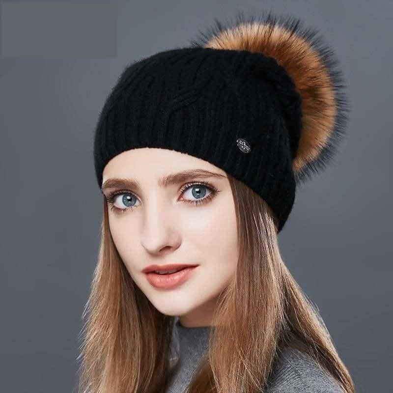 Cashmere Women Knitted Pompom Beanies Winter Hats - 01D / one size - Hats