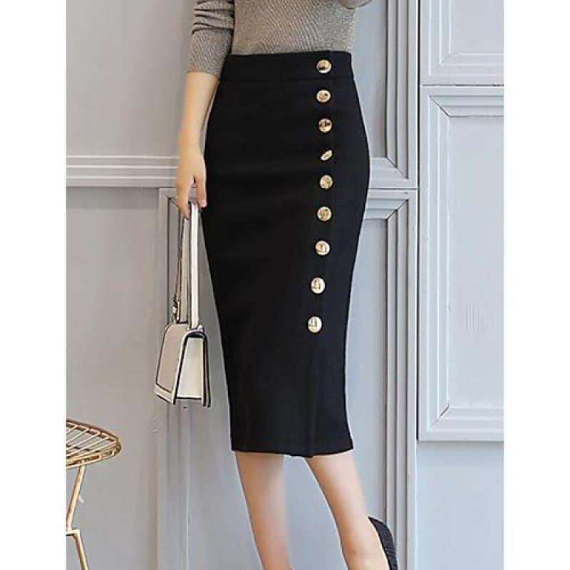 Casual Cotton A Line Side Button Midi Skirts - Black / S - Skirts
