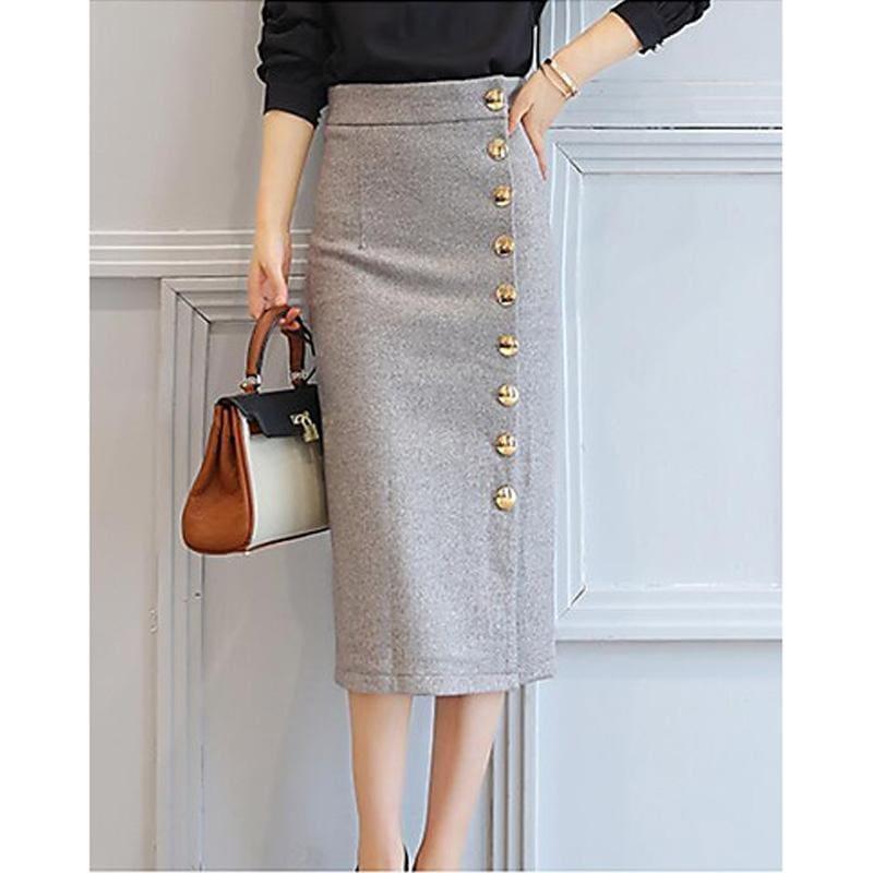 Casual Cotton A Line Side Button Midi Skirts - Grey / S - Skirts