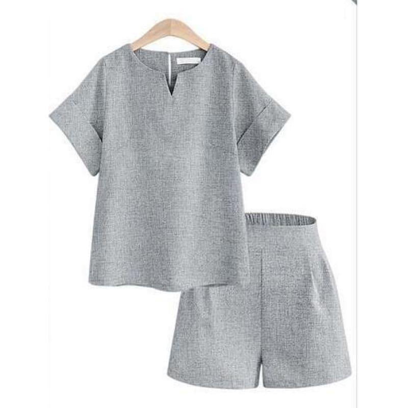 Casual Cotton Linen Two Piece Sets Women Summer V-Neck Short Sleeve Suits - TeresaCollections