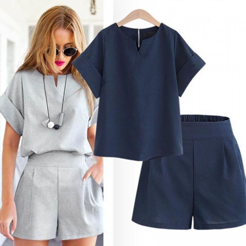 TeresaCollections - Casual Cotton Linen Two Piece Sets Women Summer V-Neck  Short Sleeve Suits