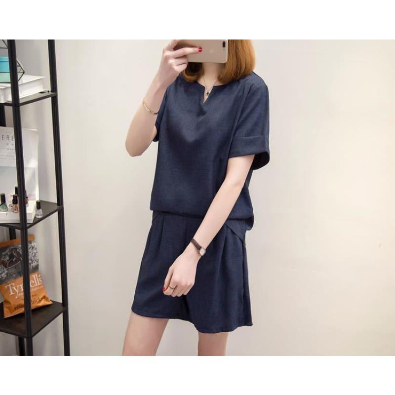 Casual Cotton Linen Two Piece Sets Women Summer V-Neck Short Sleeve Suits - TeresaCollections