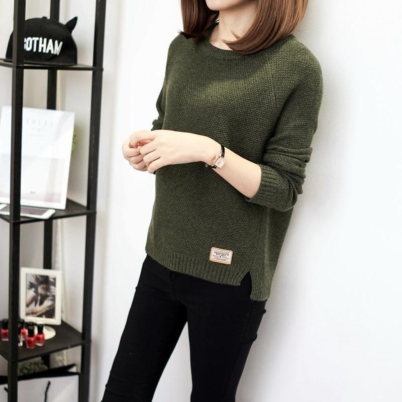 Casual Pullover Long Sleeve Knitted Sweater - Army Green / L - women Sweater