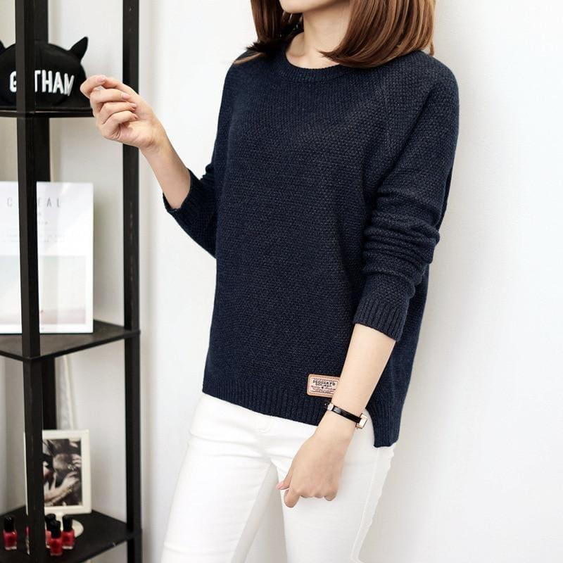 Casual Pullover Long Sleeve Knitted Sweater - Blue / L - women Sweater