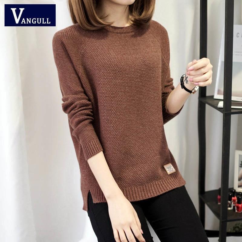 Casual Pullover Long Sleeve Knitted Sweater - Brown / L - women Sweater