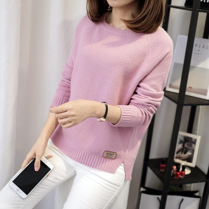 Casual Pullover Long Sleeve Knitted Sweater - Pink / L - women Sweater