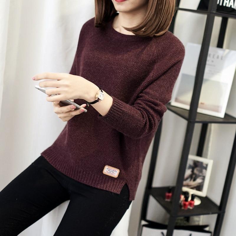 Casual Pullover Long Sleeve Knitted Sweater - Wine Red / L - women Sweater