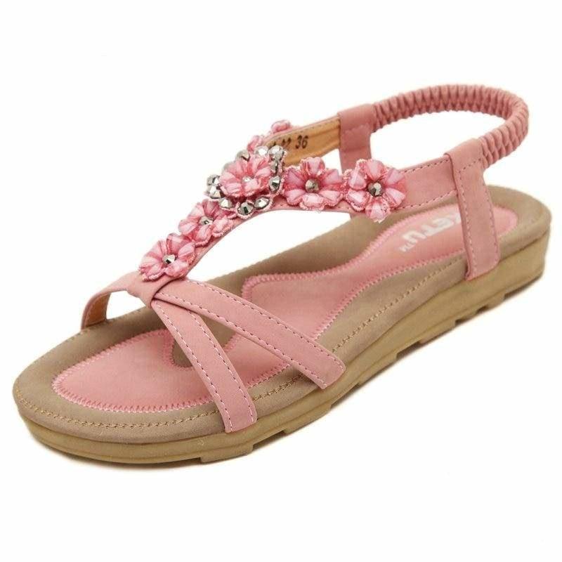Casual Thong Sandals Floral Rhinestone Designer Elastic Band Ladies Gladiator Sandal - Pink / 4 - sandals