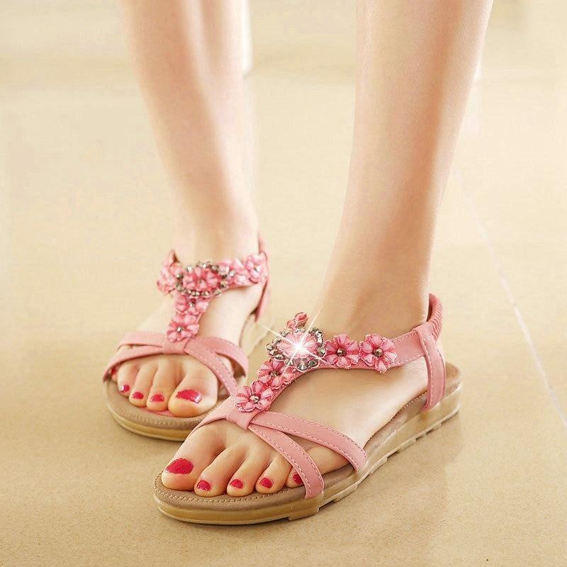 Casual Thong Sandals Floral Rhinestone Designer Elastic Band Ladies Gladiator Sandal - sandals