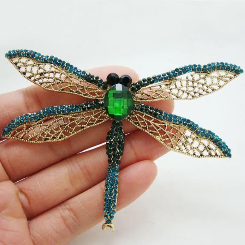 Charming Green Dragonfly Gold Tone Art Style Brooch Pin Rhinestone Crystal - brooch