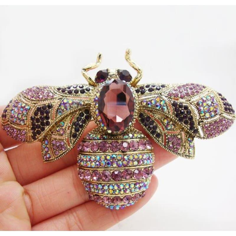 Charming Retro Bee Insectl Woman Brooch Pin Purple Crystal Rhinestone Gold Tone - Brooch