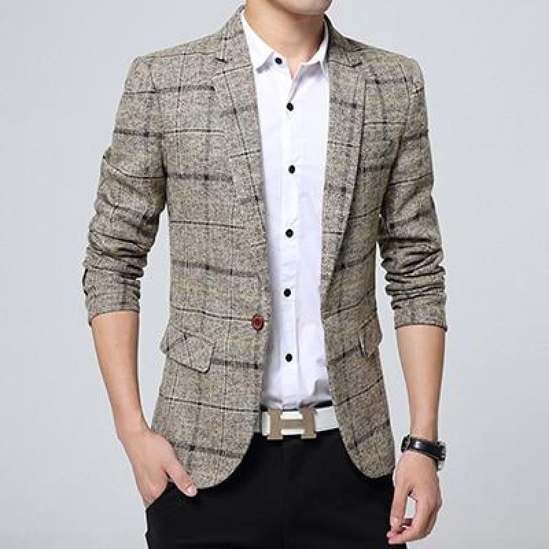 Checkered Men Blazer Fashion Slim Sport Blazers - Khaki / 4XL - Mens Jackets