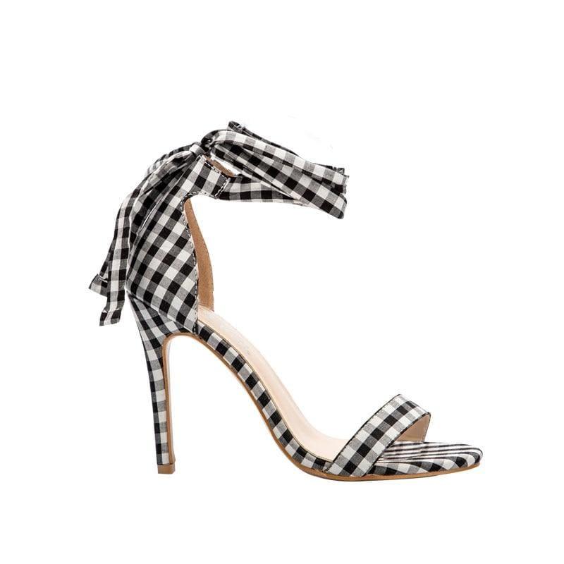 Checkered Plaid Cross-Tied Heels Ladies Ankle Strap High Sandals - Black / 5.5 - Sandals