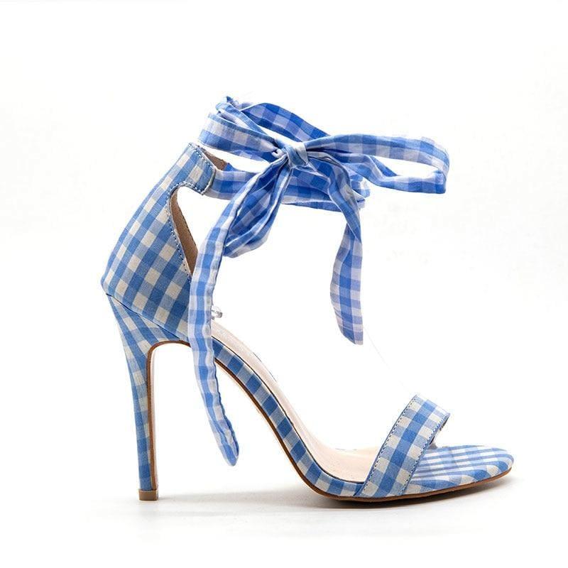 Checkered Plaid Cross-Tied Heels Ladies Ankle Strap High Sandals - Blue / 5.5 - Sandals