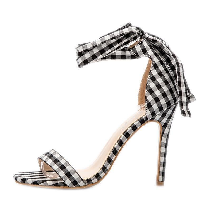 Checkered Plaid Cross-Tied Heels Ladies Ankle Strap High Sandals - Sandals