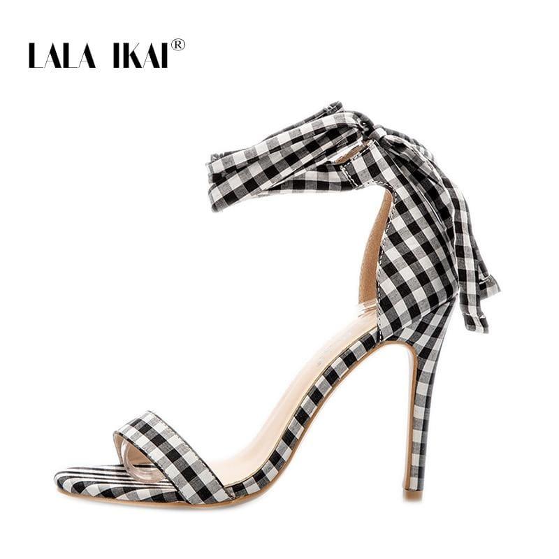 Checkered Plaid Cross-Tied Heels Ladies Ankle Strap High Sandals - Sandals