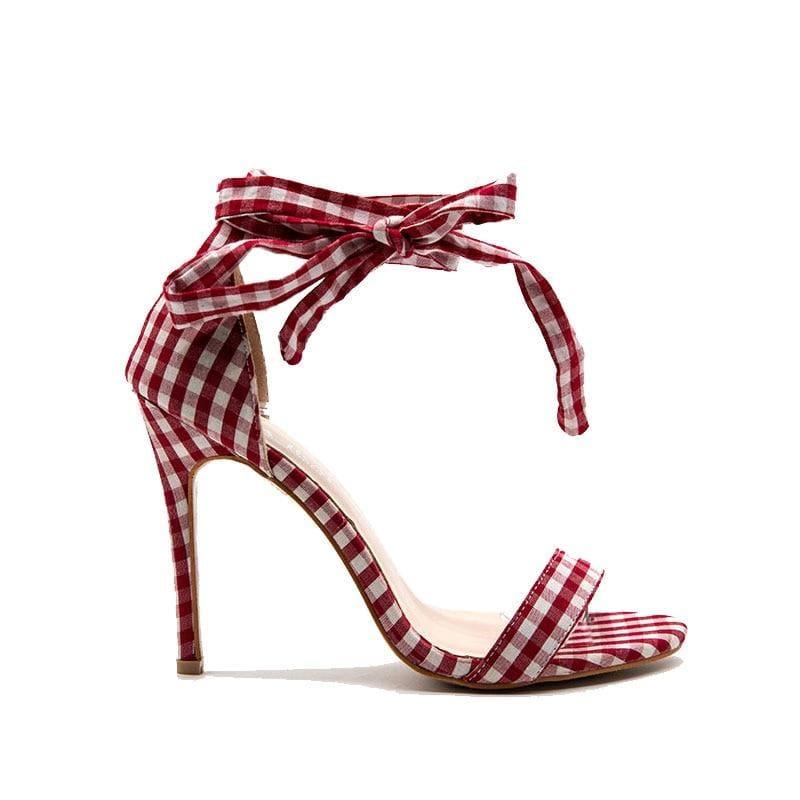 Checkered Plaid Cross-Tied Heels Ladies Ankle Strap High Sandals - Red / 5.5 - Sandals