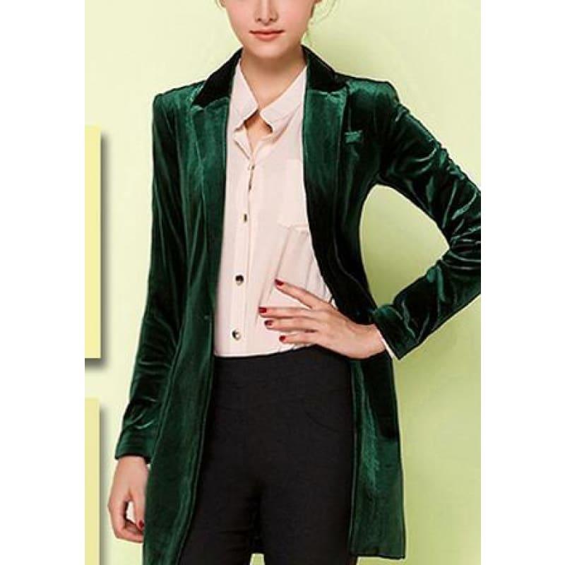 Chic European Style Womens Long Velvet Blazer Jackets - deep green / XS - Jacket