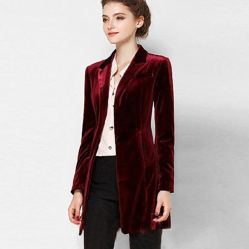 Chic European Style Womens Long Velvet Blazer Jackets - Jacket