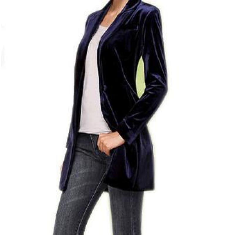 Chic European Style Womens Long Velvet Blazer Jackets - navy / XS - Jacket