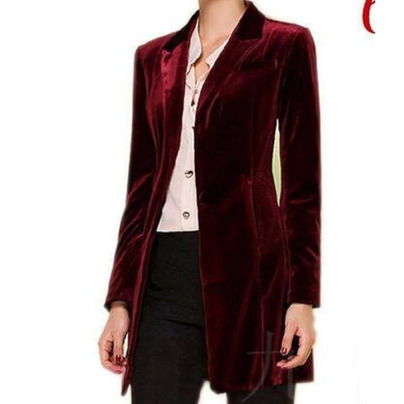 Chic European Style Womens Long Velvet Blazer Jackets - wine red / XS - Jacket